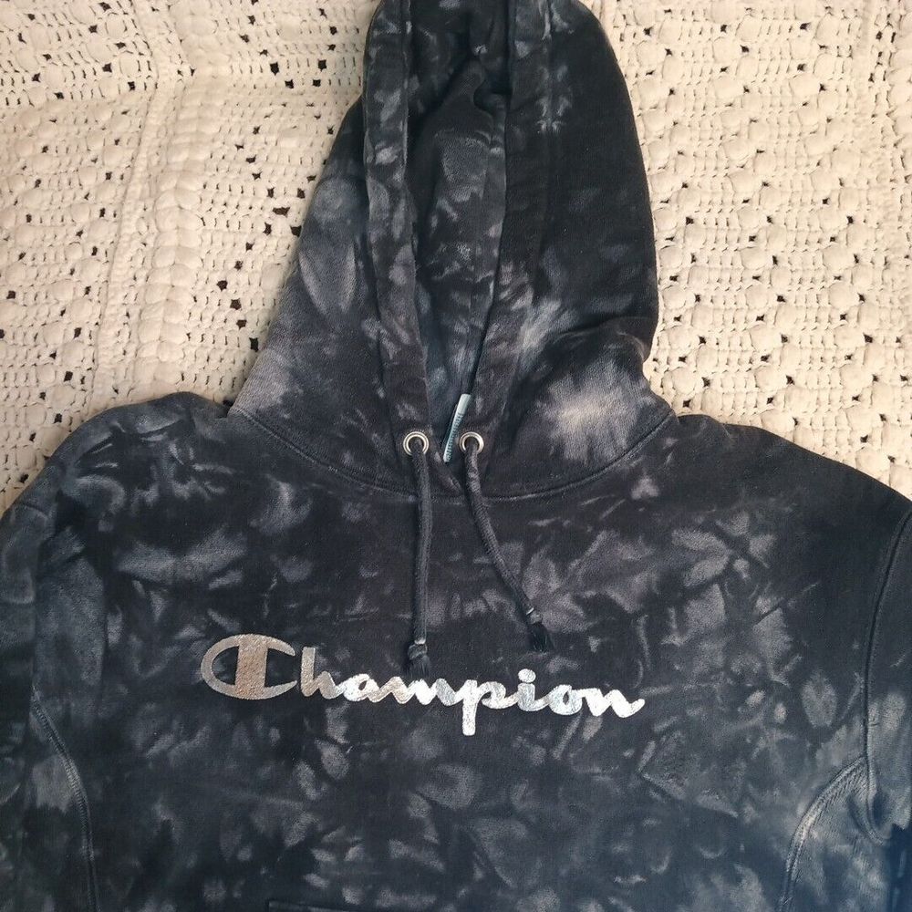 Champion Reverse Weave Hoodie Sweater Black & Grey Tie dye Youth S Sport Y2k